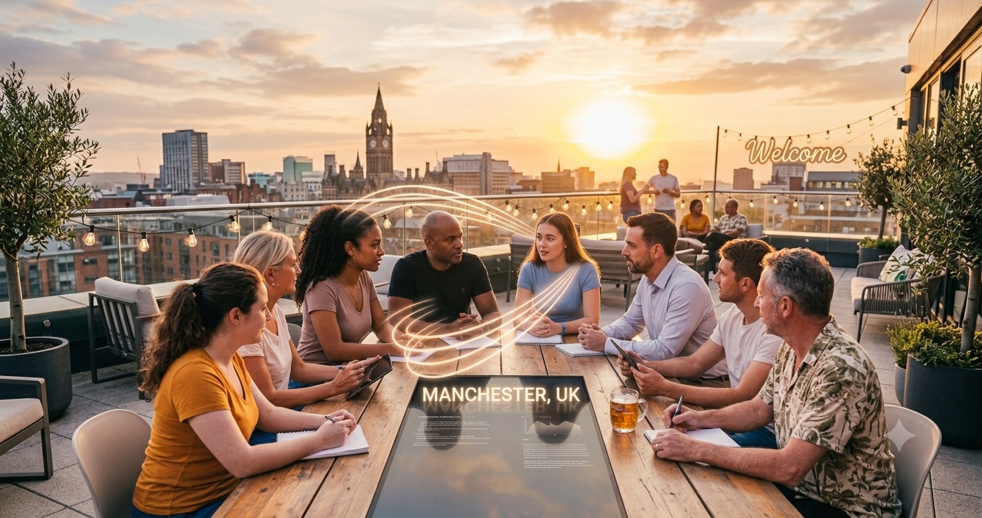 A diverse group in Manchester, UK discusses ideas around a smart table on a rooftop terrace during sunset with light lines - SBK social dancing in Manchester - Floridita Dance