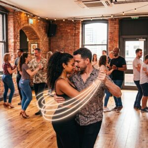 Couples in Manchester dance salsa in a rustic brick-walled studio - Salsa classes Manchester - Bachata classes for beginners in Manchester - Floridita Dance