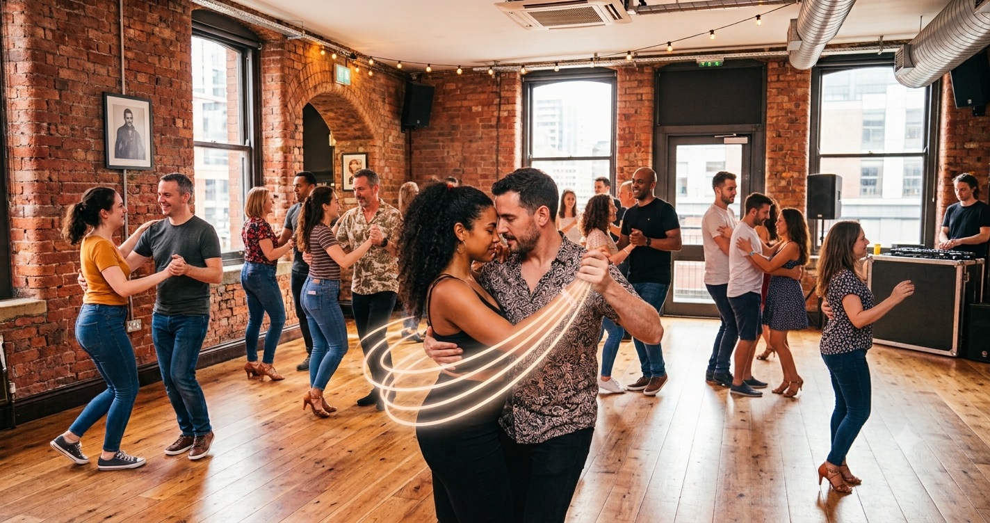 Couples in Manchester dance salsa in a rustic brick-walled studio - Salsa classes Manchester - Bachata classes for beginners in Manchester - Floridita Dance