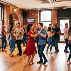 Diverse couples of all ages partner dancing happily in a bright, brick-walled studio featuring a prominent 'Floridita Dance' neon sign - Salsa Classes in Manchester
