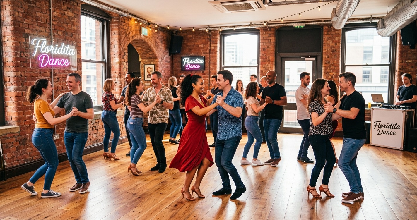 Diverse couples of all ages partner dancing happily in a bright, brick-walled studio featuring a prominent 'Floridita Dance' neon sign - Salsa Classes in Manchester