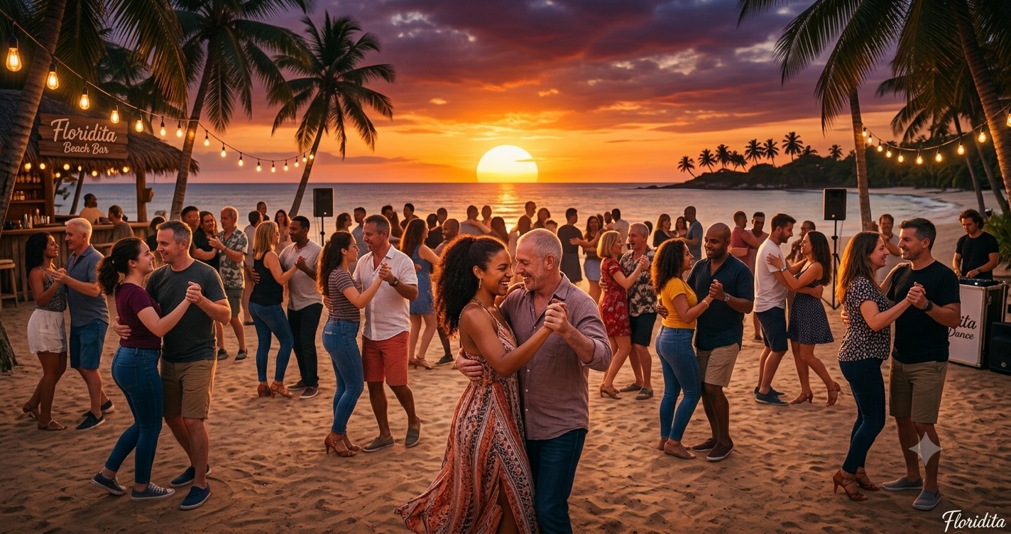 Dozens of diverse people partner dance salsa together on a tropical beach at sunset, with string lights and palm trees. Salsa classes near me - Bachata classes in Manchester - Floridita Dance