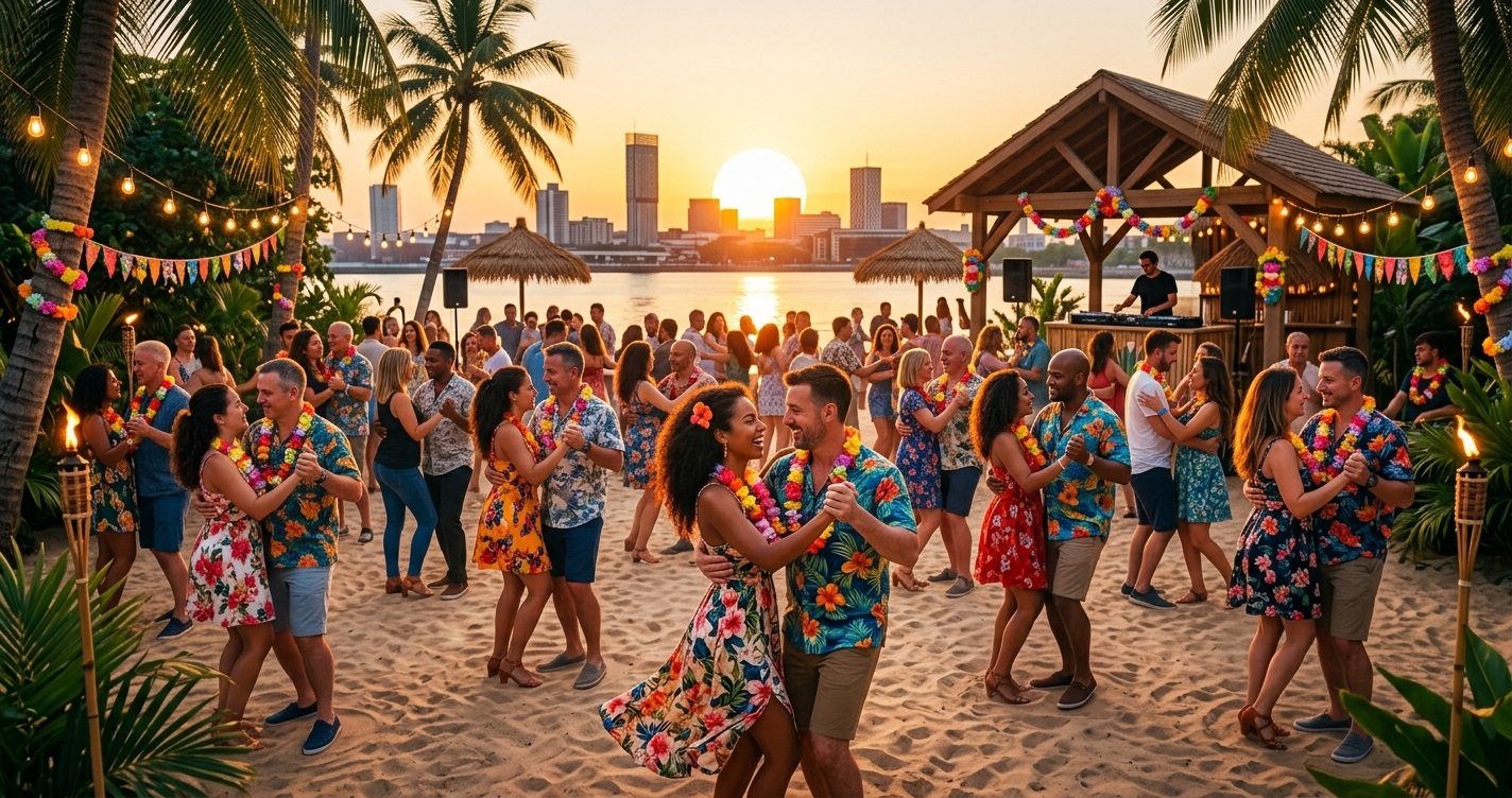 Dozens of diverse people wearing colorful Hawaiian shirts and leis partner dance salsa on a beach during a vibrant sunset - Salsa party in Manchester - Bachata party in Manchester - Floridita Dance