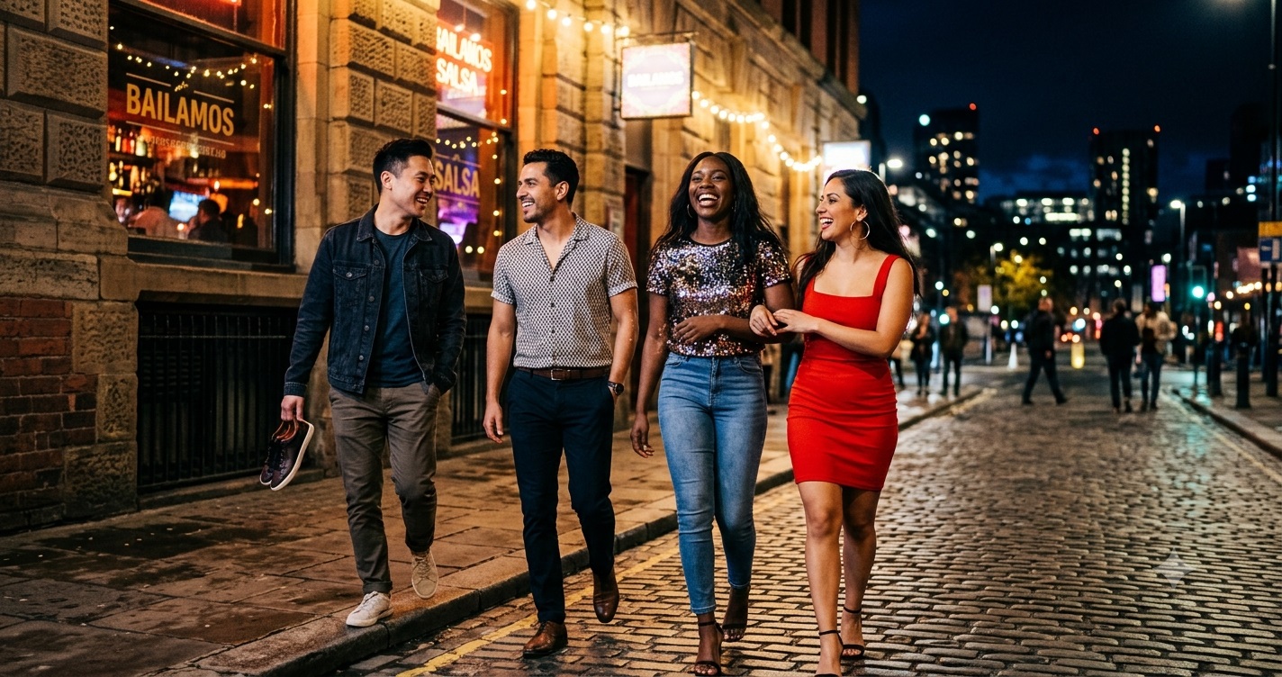 A vibrant weekly guide mapping out Salsa and Bachata nightlife socials across different venues in Manchester city centre: Floridita Dance