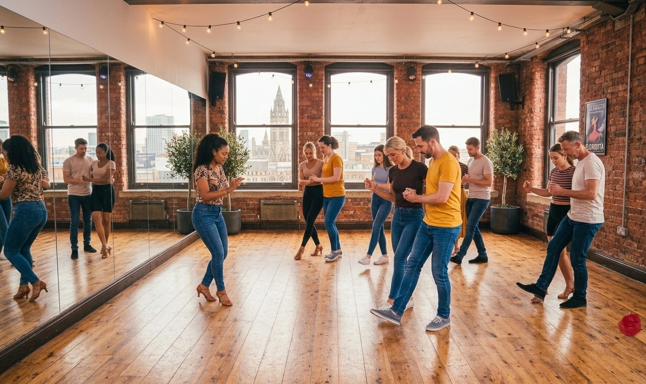 Beginners practicing Salsa footwork in a bright studio environment - Floridita Dance